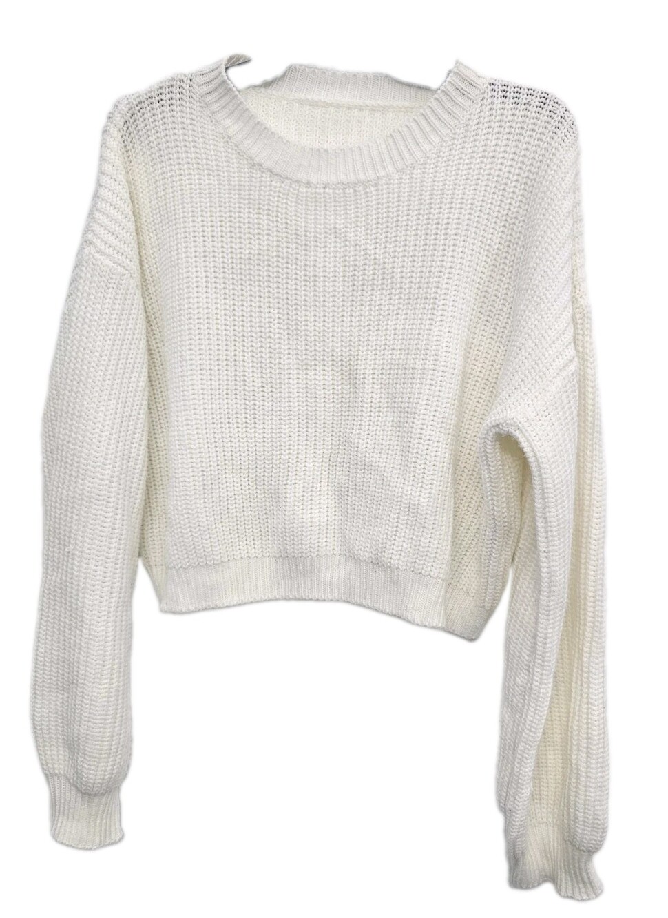 Ivory Cream Chunky Knit Cropped Sweater Long Sleeve Crew Neck Women’s Pullover